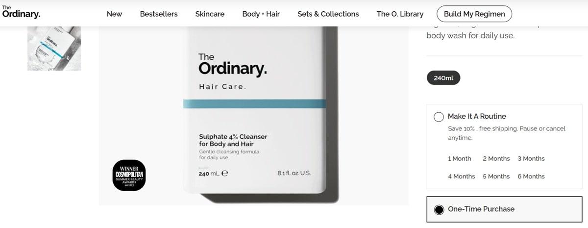 The Ordinary product page displaying subscription upselling option with 10% savings and free shipping, showing simple yet effective subscription strategy